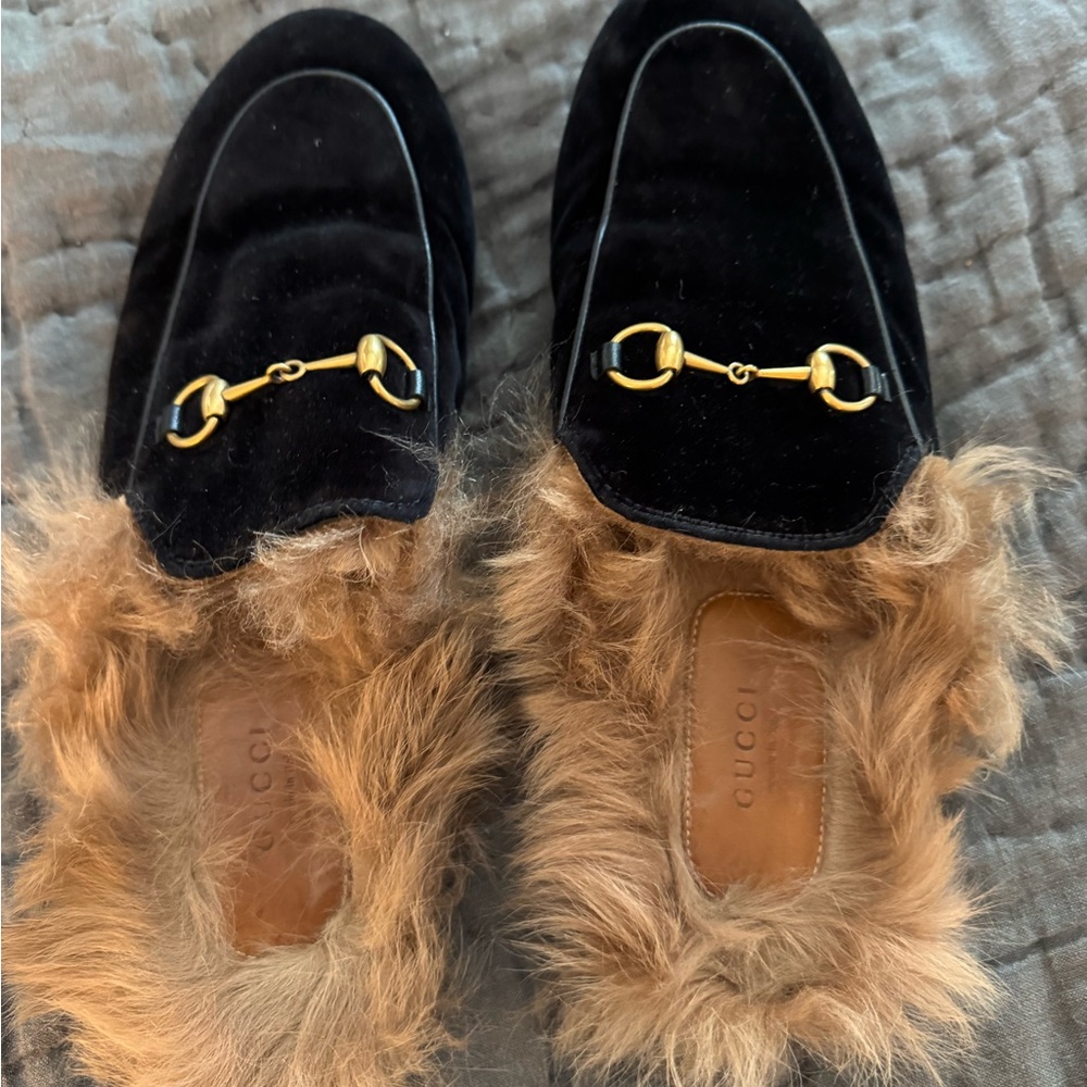 Gucci Black Velvet Mules with Gold Horsebit and Brown Fur